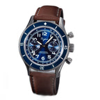 Sugess S423 mechanical chronograph 42mm, blue sunburst dial, two sub-dials, blue bezel, brown leather strap, front