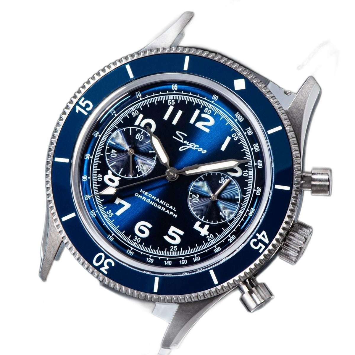 Sugess S423 mechanical chronograph 42mm, blue sunburst dial, two sub-dials, tachymeter, blue leather strap, front