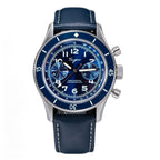 Sugess S423 mechanical chronograph 42mm, blue sunburst dial, two sub-dials, blue bezel, blue leather strap, front