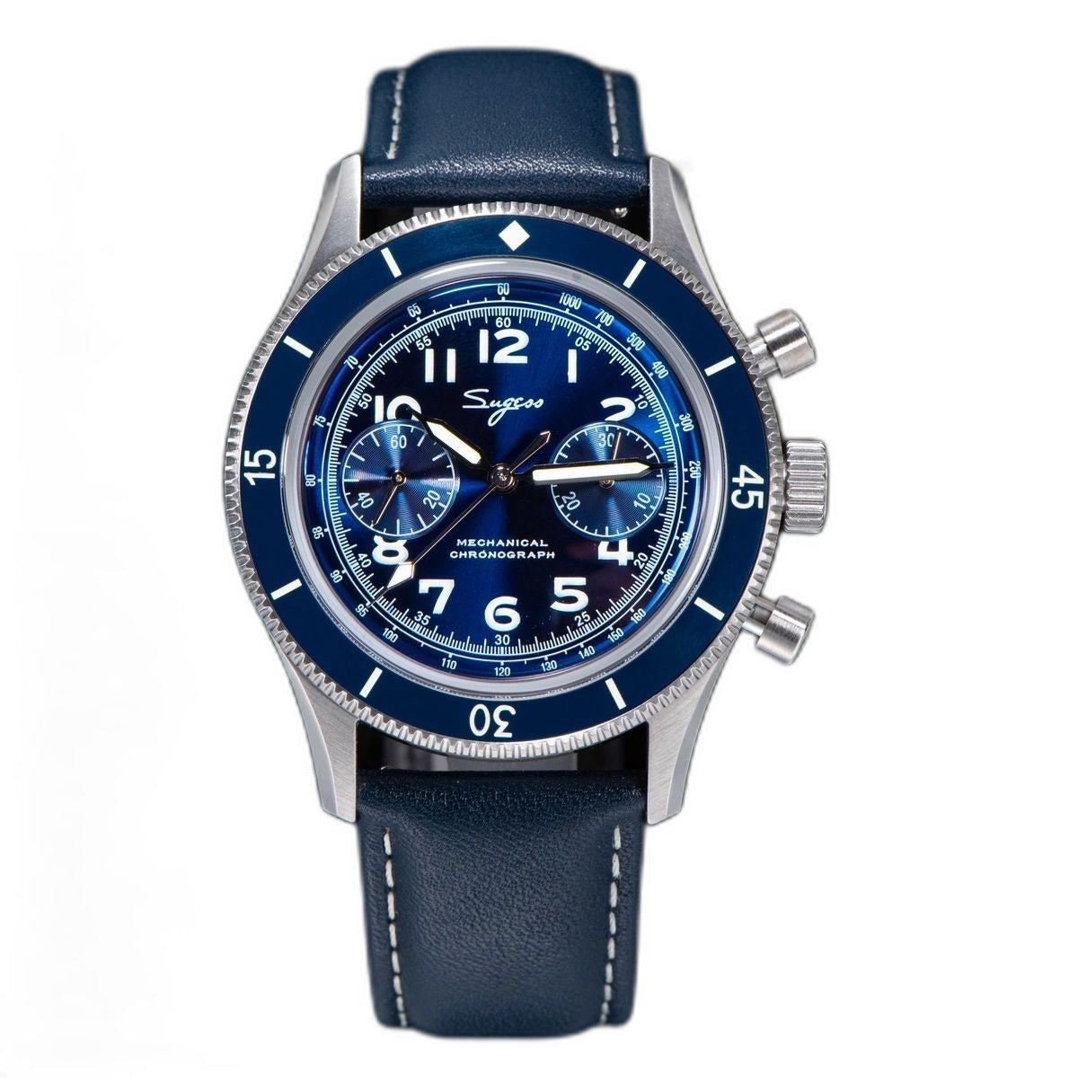 Sugess S423 mechanical chronograph 42mm, blue sunburst dial, two sub-dials, blue bezel, blue leather strap, front