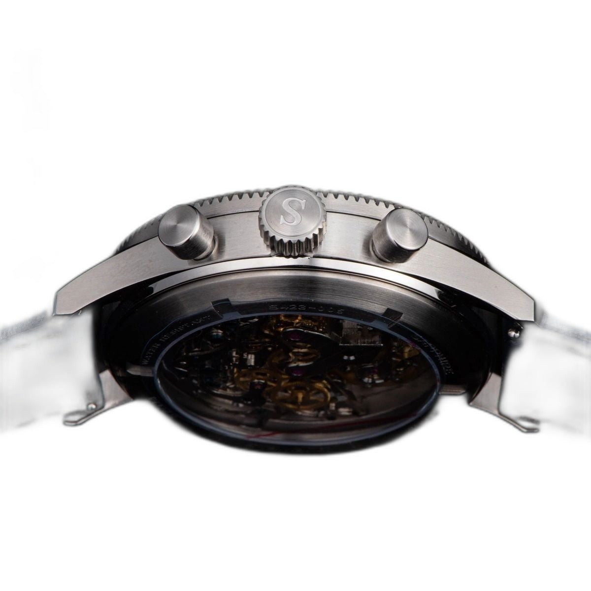 Sugess S423 chronograph side profile with S crown, pump pushers and exhibition caseback edge, blue leather strap