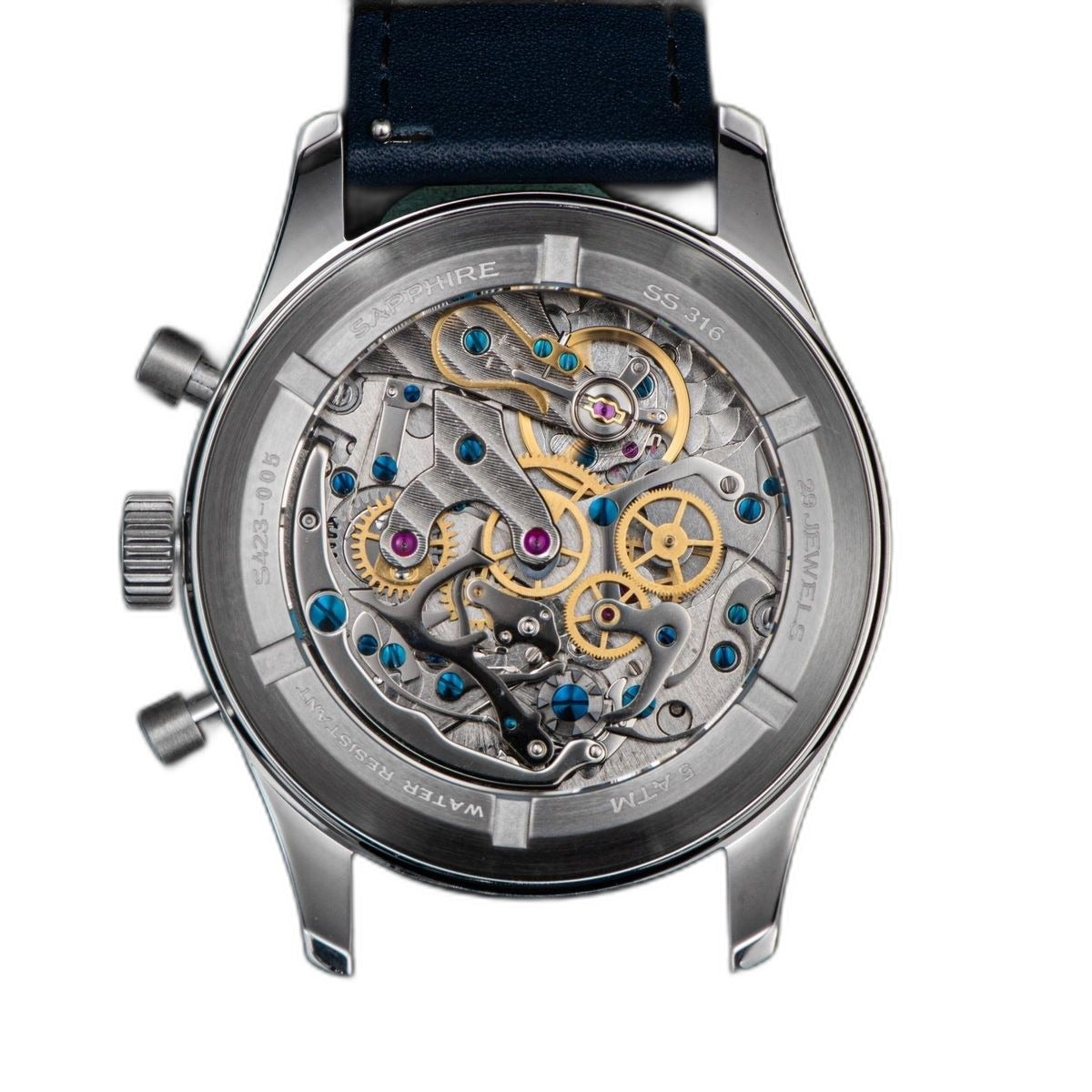 Sugess S423 exhibition caseback, hand-wind chronograph movement, SAPPHIRE, 29 JEWELS, SS316, blue leather strap