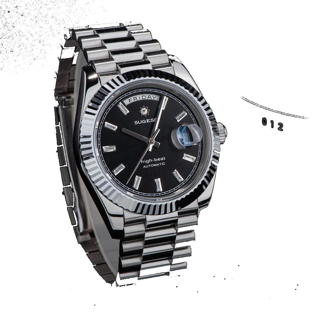 Sugess S433 black-dial day-date with baguette markers, fluted bezel, president bracelet, angled studio view