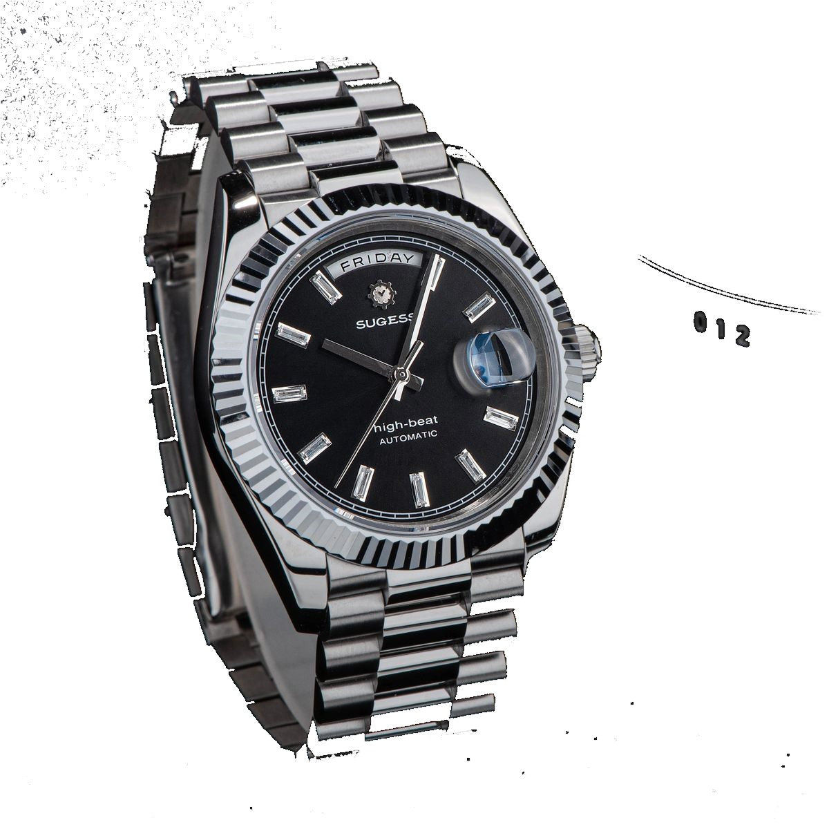 Sugess S433 black-dial day-date with baguette markers, fluted bezel, president bracelet, angled studio view