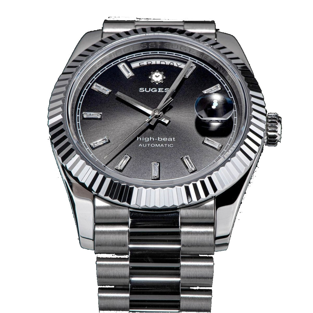 Sugess S433 black-dial day-date with baguette markers, fluted bezel, president bracelet, angled view