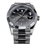 Sugess S433 black-dial day-date with baguette markers, fluted bezel, president bracelet, angled view