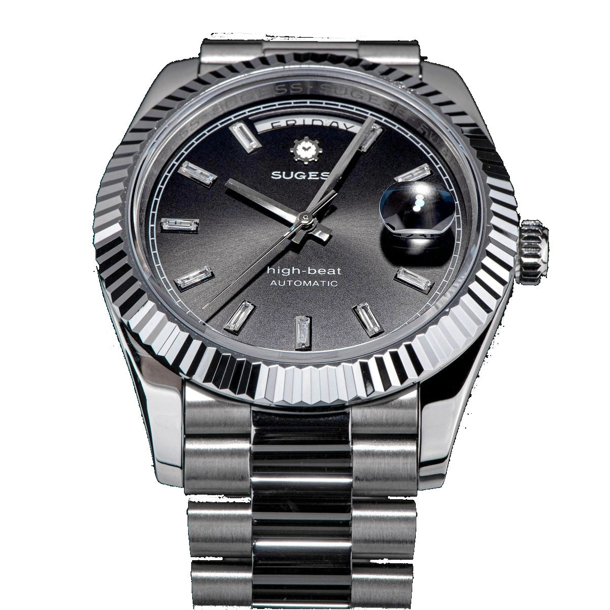 Sugess S433 black-dial day-date with baguette markers, fluted bezel, president bracelet, angled view