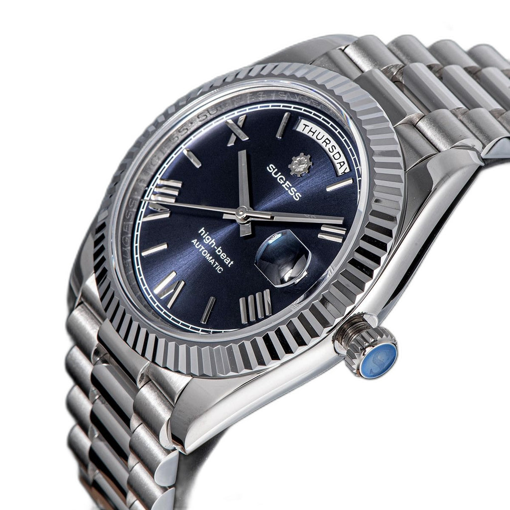Sugess S433 day-date automatic 40mm, black dial, baguette markers, president bracelet, front on print