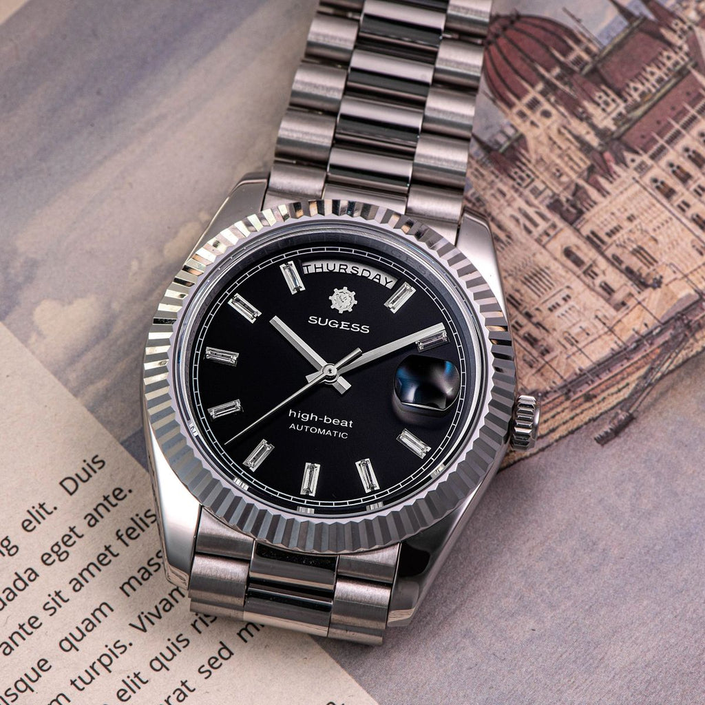 Sugess S433 day-date automatic 40mm, black sunburst dial, baguette markers, president bracelet, front