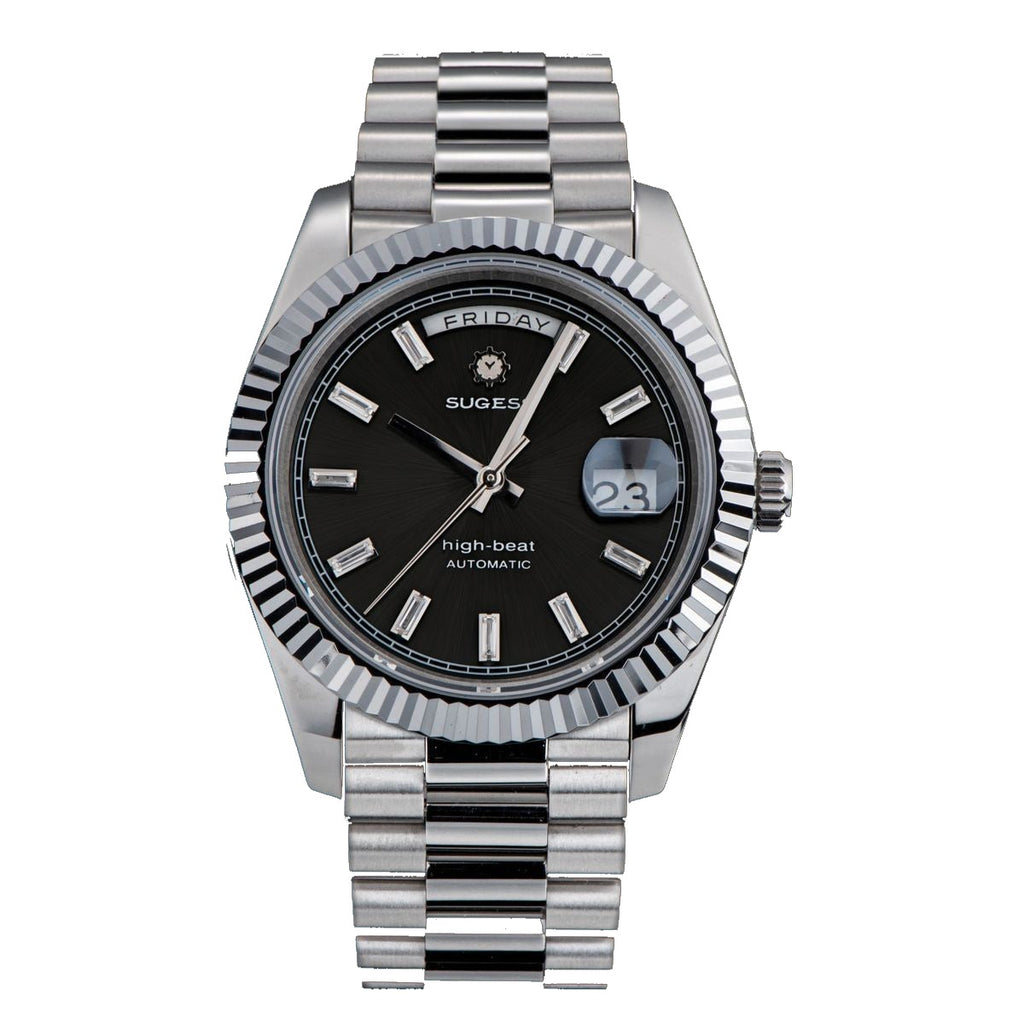 Sugess S433 day-date automatic 40mm, black dial, baguette markers, fluted bezel, president bracelet, front