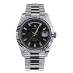 Sugess S433 day-date automatic 40mm, black dial, baguette markers, fluted bezel, president bracelet, front