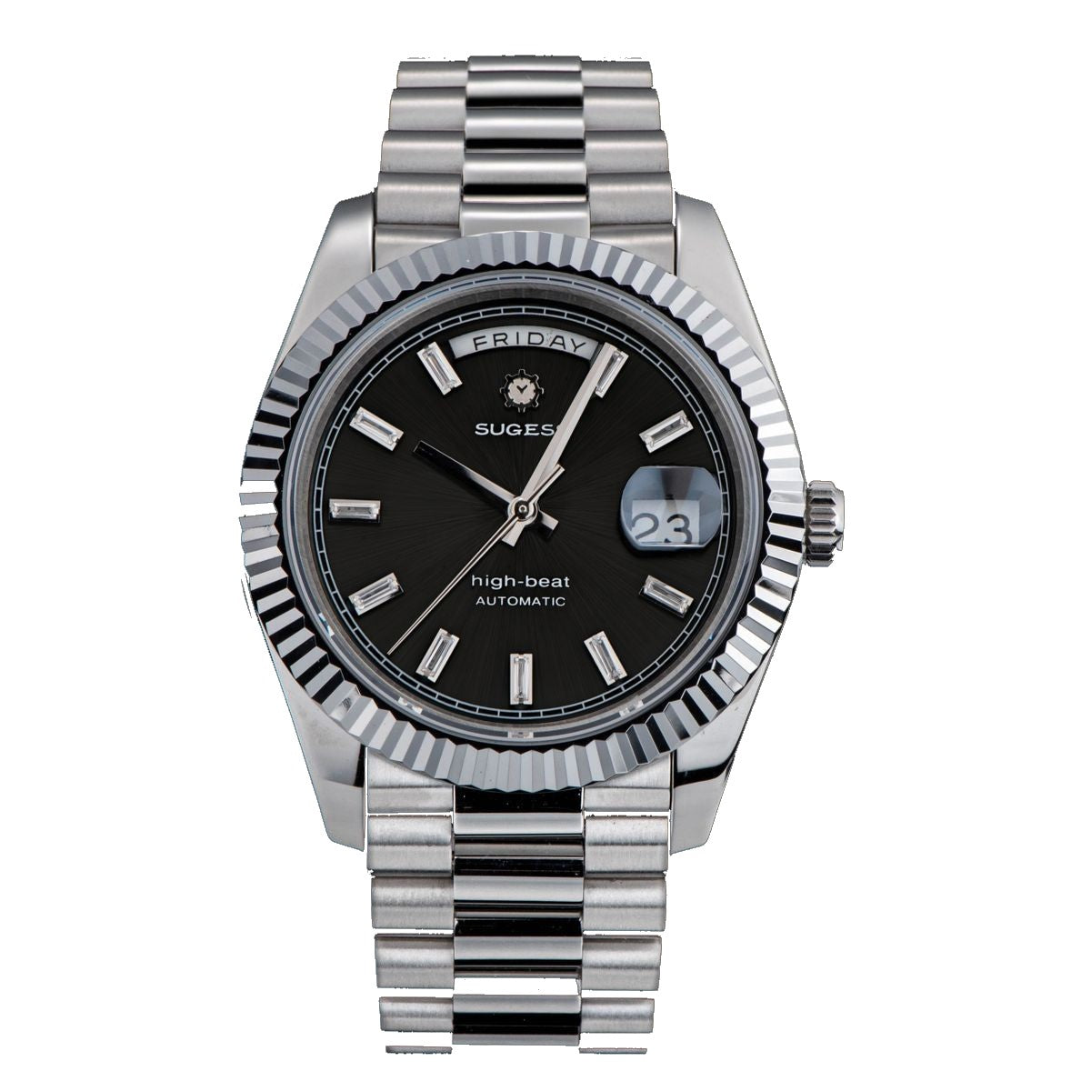 Sugess S433 day-date automatic 40mm, black dial, baguette markers, fluted bezel, president bracelet, front