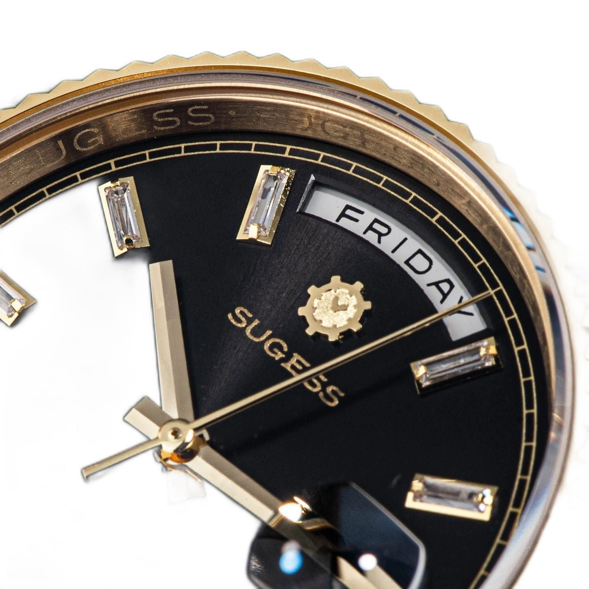 Sugess S433 gold day-date, black dial, baguette markers, gold president bracelet, angled view with crown