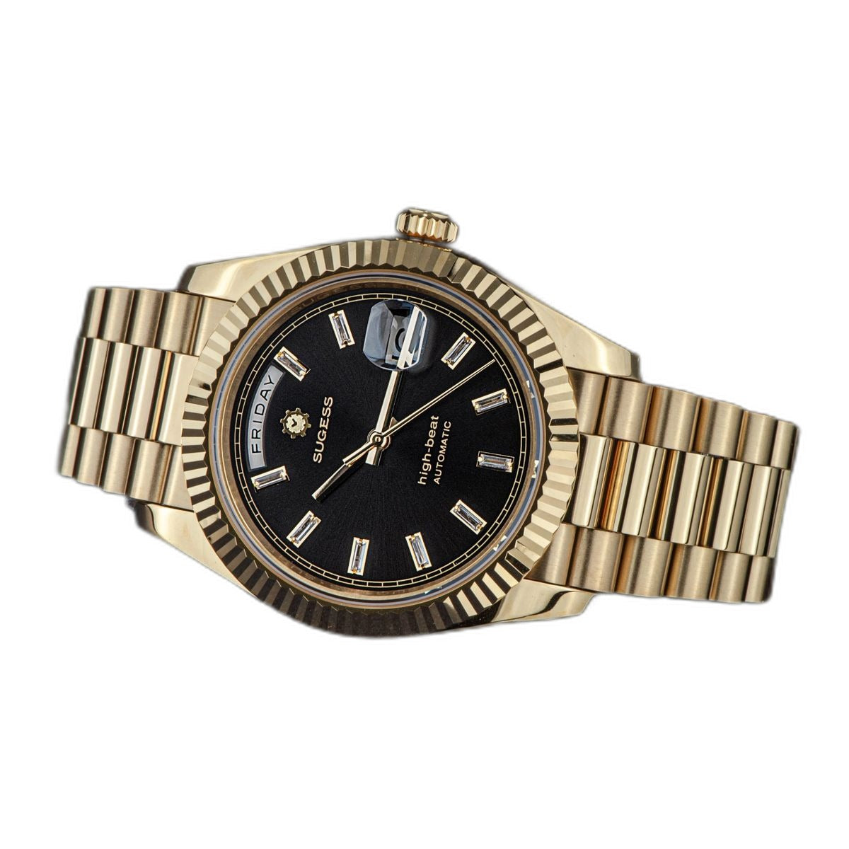 Sugess S433 gold day-date, black dial, baguette markers, gold president bracelet, angled view on blue