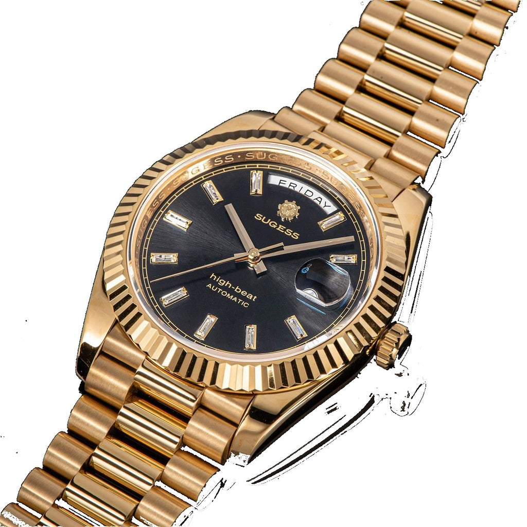 Sugess S433 gold day-date, black dial, baguette markers, gold president bracelet, dramatic angled view