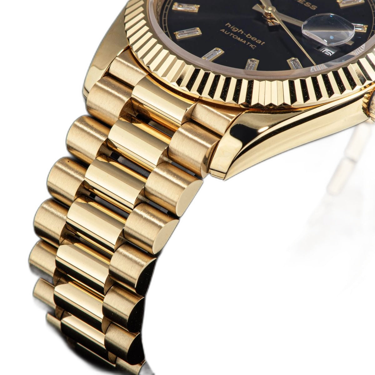 Sugess S433 gold president bracelet links and lug macro, brushed and polished gold finish, close-up