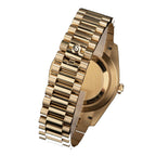 Sugess S433 gold fluted bezel and gold president bracelet links macro, polished finish, close-up