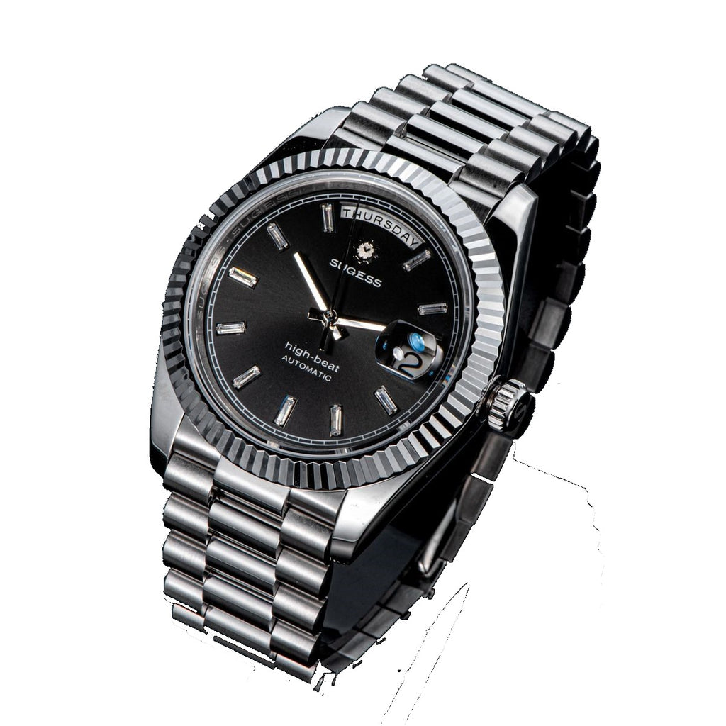 Sugess S433 gold day-date, black dial, baguette markers, gold president bracelet, front view on grey