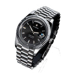 Sugess S433 gold day-date, black dial, baguette markers, gold president bracelet, front view on grey