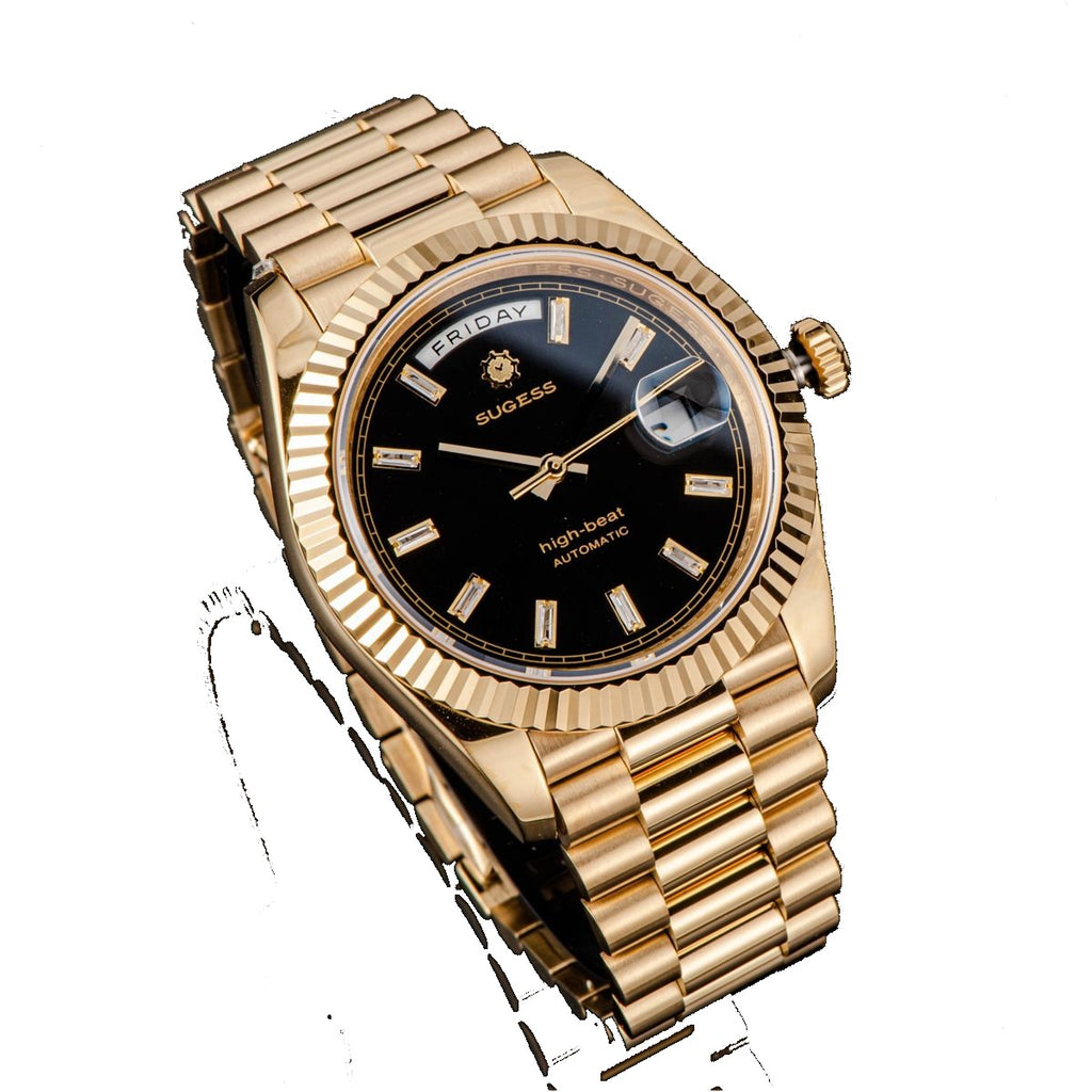 Sugess S433 gold day-date, black dial, baguette markers, gold president bracelet, front on blue tray