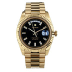Sugess S433 day-date automatic 40mm, gold case, black dial, baguette markers, gold president bracelet, front