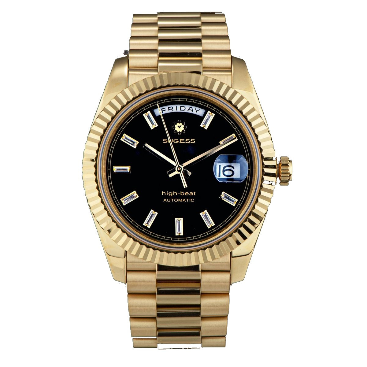 Sugess S433 day-date automatic 40mm, gold case, black dial, baguette markers, gold president bracelet, front