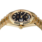 Sugess S433 gold day-date side profile close-up, fluted bezel, S crown and gold president bracelet