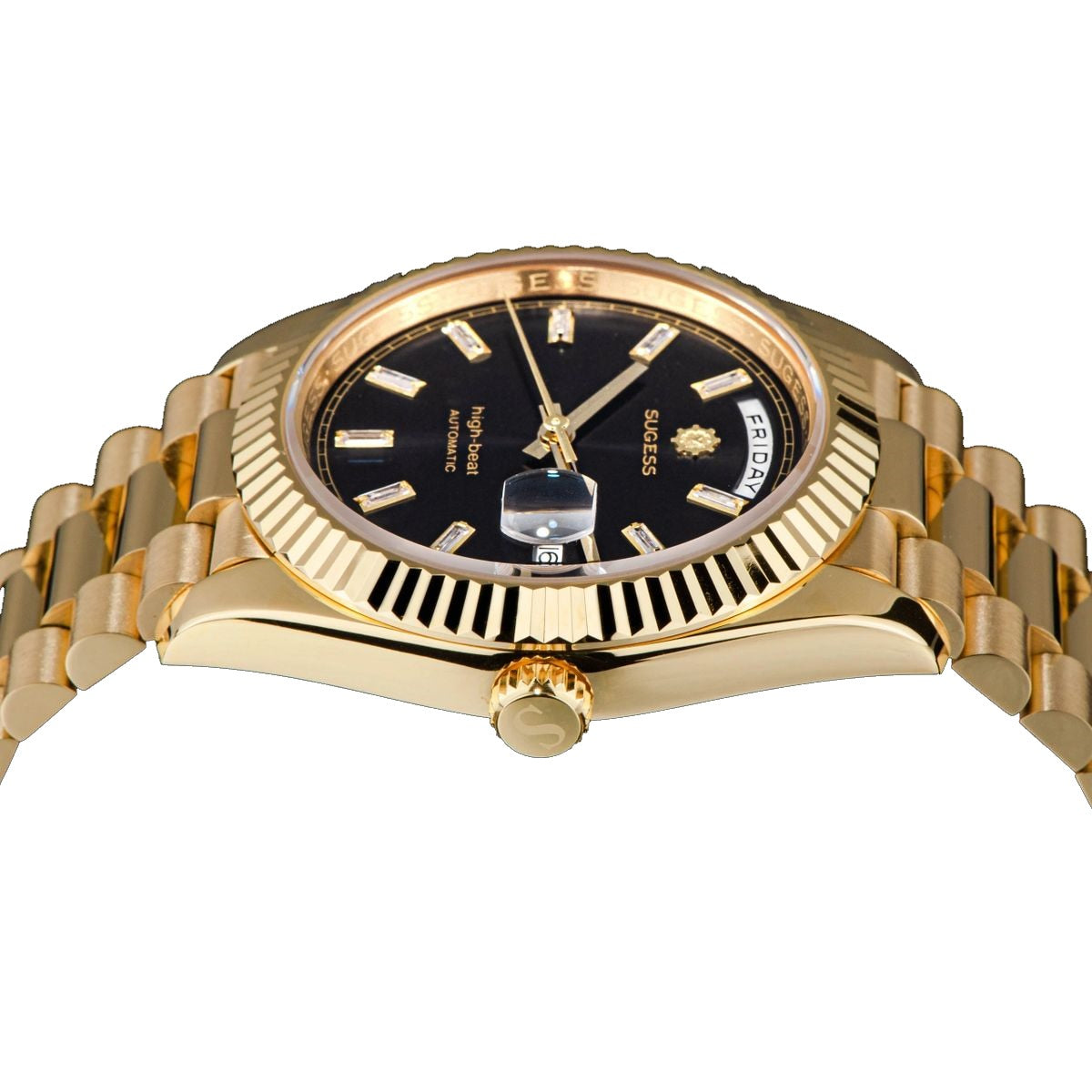 Sugess S433 gold day-date side profile close-up, fluted bezel, S crown and gold president bracelet