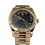 Sugess S433 gold day-date side profile with fluted bezel, S crown and gold president bracelet