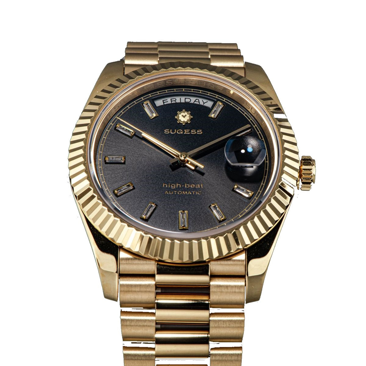 Sugess S433 gold day-date side profile with fluted bezel, S crown and gold president bracelet