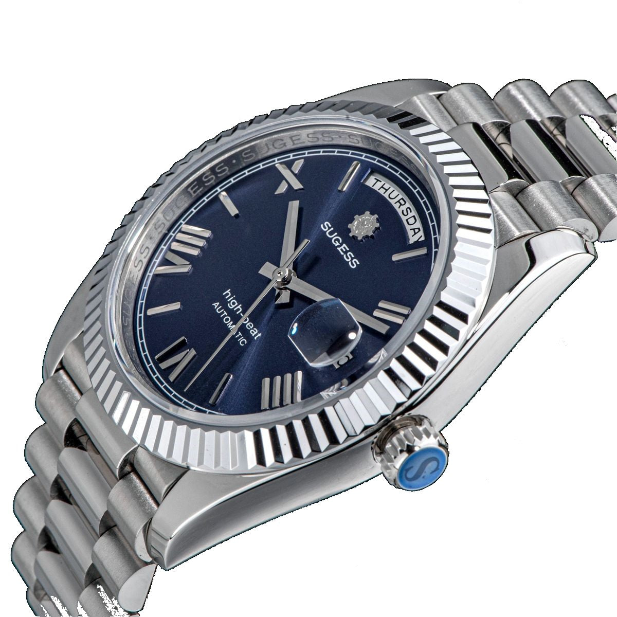 Sugess S433 blue dial day-date, fluted bezel, steel president bracelet, angled view with blue S crown