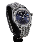 Sugess S433 blue dial day-date, fluted bezel, steel president bracelet, angled studio product view