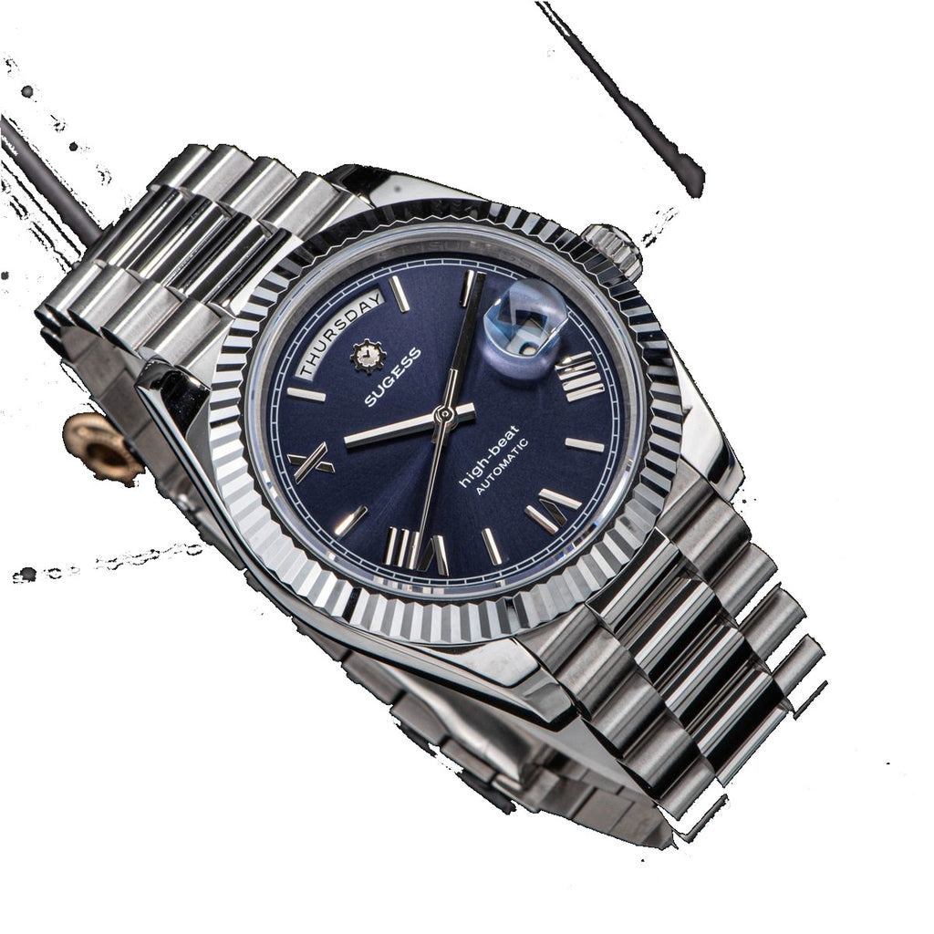Sugess S433 blue dial day-date, fluted bezel, steel president bracelet, three-quarter angled view