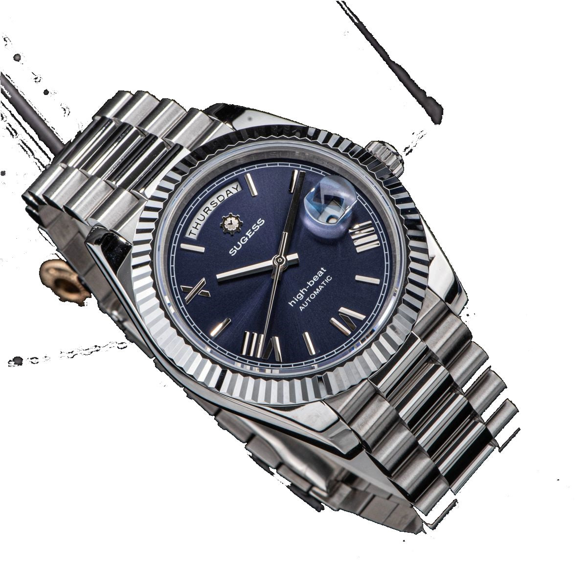 Sugess S433 blue dial day-date, fluted bezel, steel president bracelet, three-quarter angled view