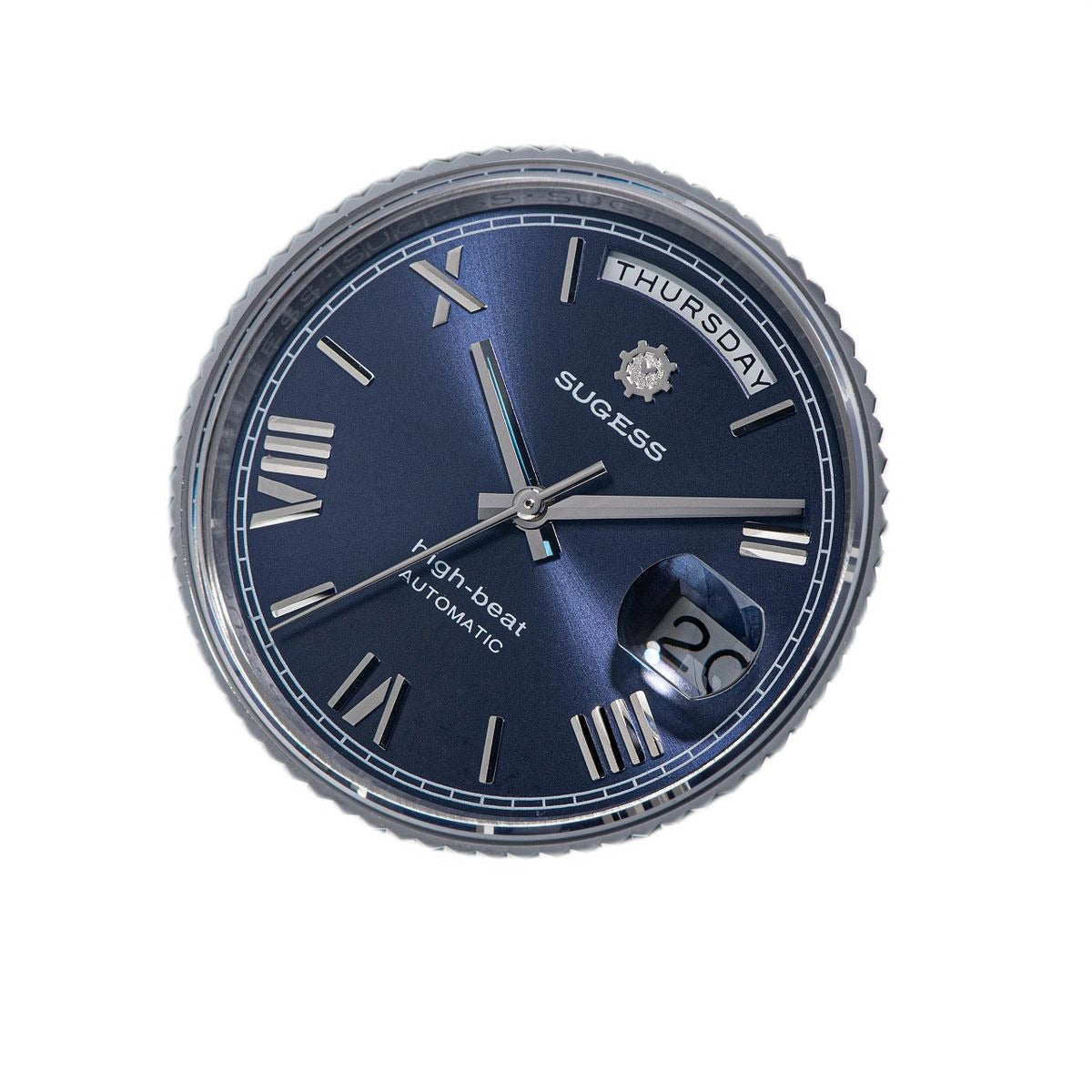 Sugess S433 day-date automatic 40mm, blue sunburst dial, fluted bezel, president bracelet, front on stand