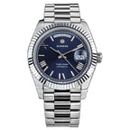 Sugess S433 day-date automatic 40mm, blue sunburst dial, fluted bezel, steel president bracelet, front view