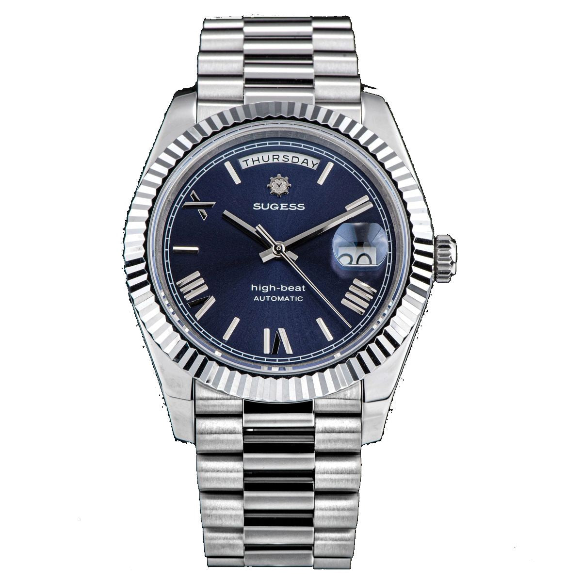 Sugess S433 day-date automatic 40mm, blue sunburst dial, fluted bezel, steel president bracelet, front view