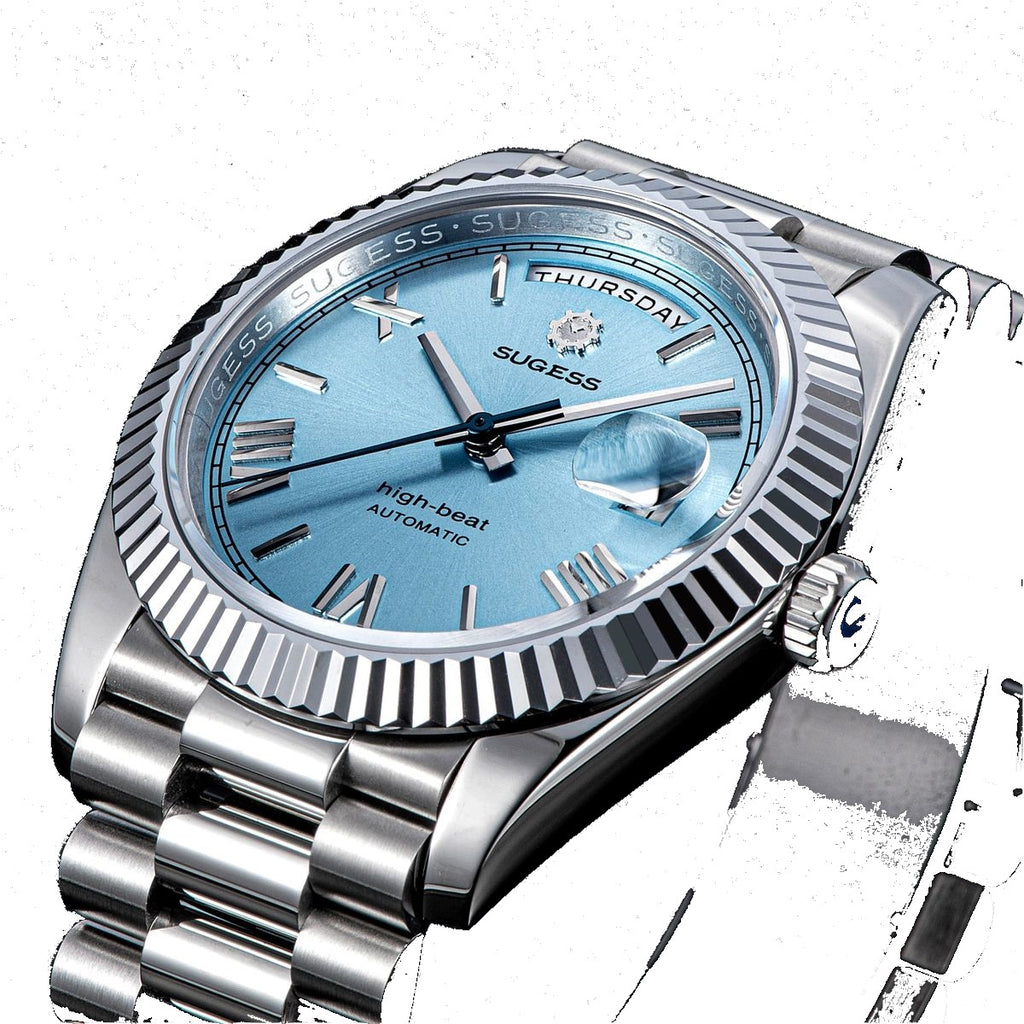 Sugess S433 ice blue dial day-date, fluted bezel, steel president bracelet, three-quarter angled view