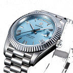 Sugess S433 ice blue dial day-date, fluted bezel, steel president bracelet, three-quarter angled view
