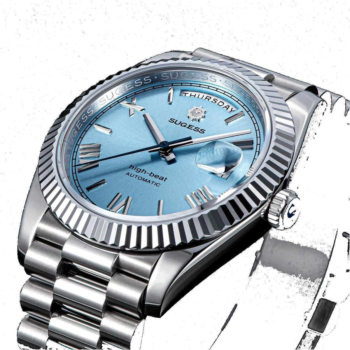 Sugess S433 ice blue dial day-date, fluted bezel, steel president bracelet, three-quarter angled view