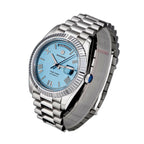 Sugess S433 ice blue dial day-date, fluted bezel, steel president bracelet, angled view with blue crown