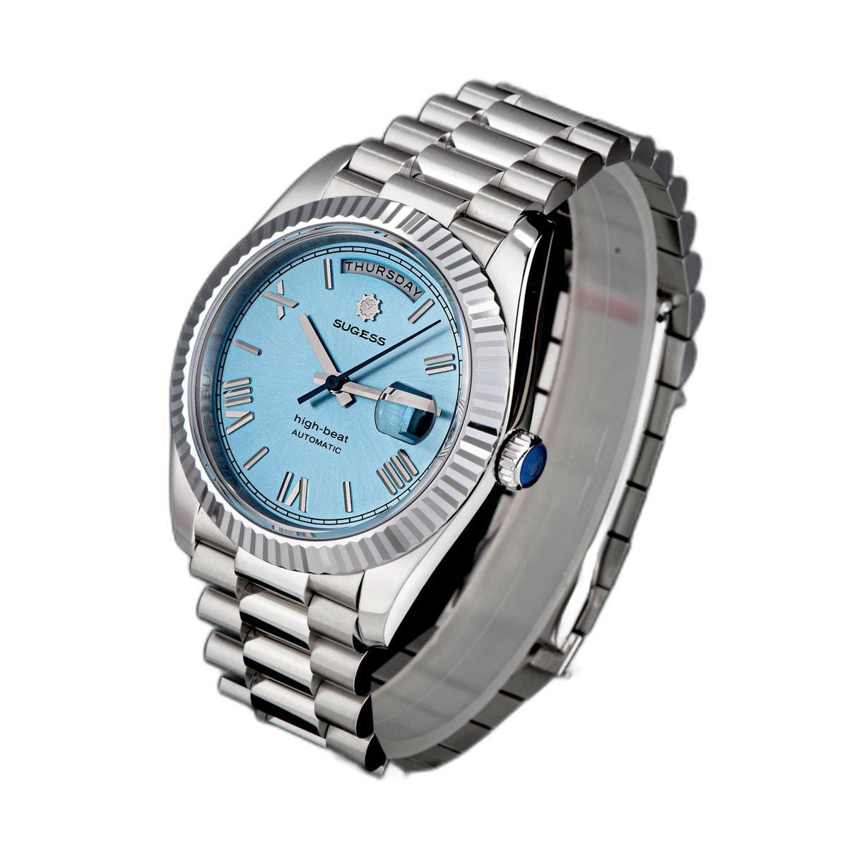 Sugess S433 ice blue dial day-date, fluted bezel, steel president bracelet, angled view with blue crown