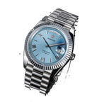 Sugess S433 ice blue dial day-date, fluted bezel, steel president bracelet, angled studio product view