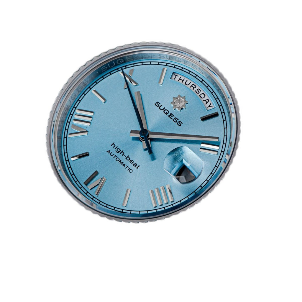Sugess S433 ice blue dial day-date, fluted bezel, steel president bracelet, dramatic angled view