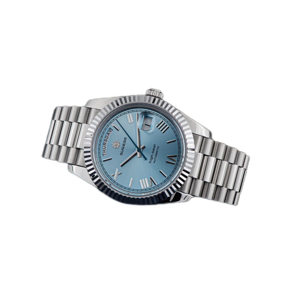 Sugess S433 ice blue dial day-date, fluted bezel, steel president bracelet, angled view beside camera