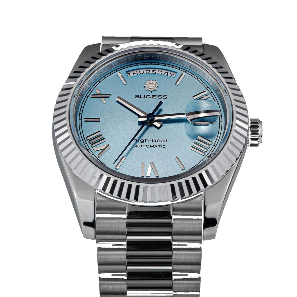 Sugess S433 day-date automatic 40mm, ice blue dial, fluted bezel, president bracelet, front product view