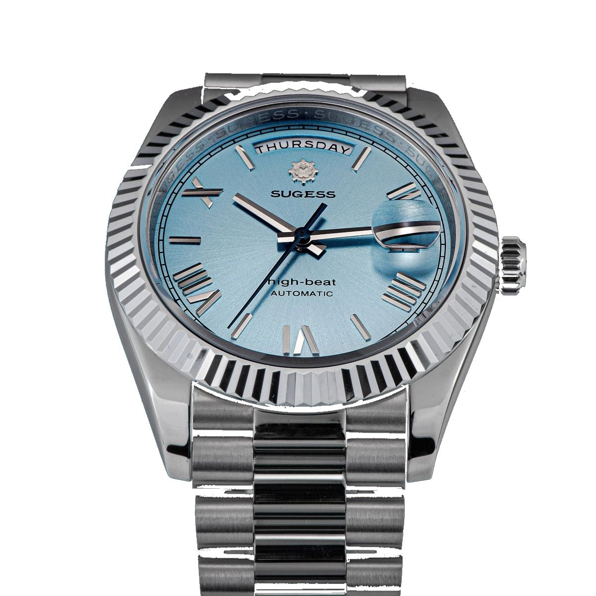 Sugess S433 day-date automatic 40mm, ice blue dial, fluted bezel, president bracelet, front product view