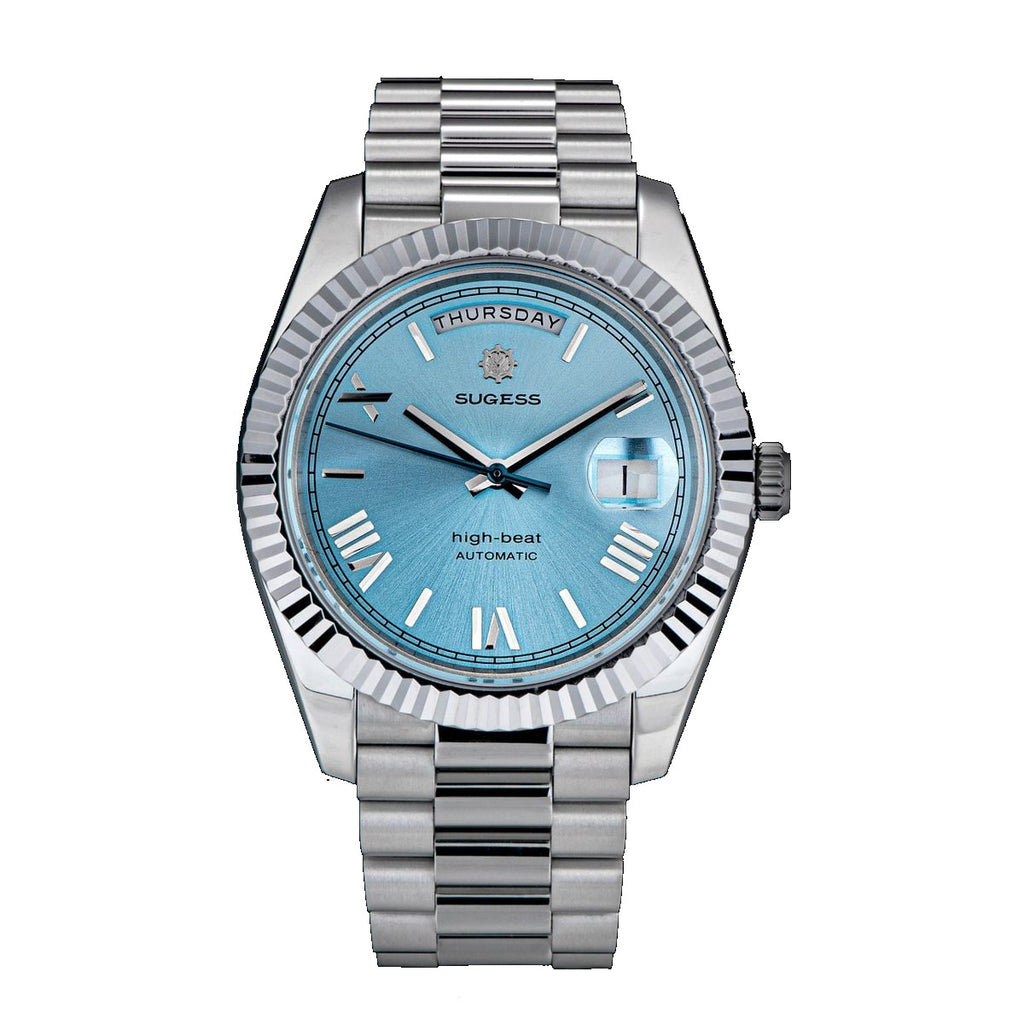 Sugess S433 day-date automatic 40mm, ice blue dial, fluted bezel, steel president bracelet, front view