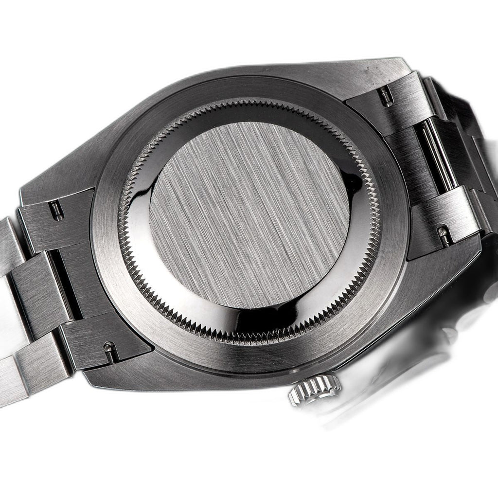 Sugess S433 brushed solid steel screw caseback and president bracelet, rear view on black