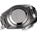 Sugess S433 brushed solid steel screw caseback and president bracelet, rear view on black